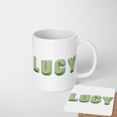 Personalised Any Name Bold Pixel 3D Novelty Coffee Tea Mug Coaster Gift Him Her