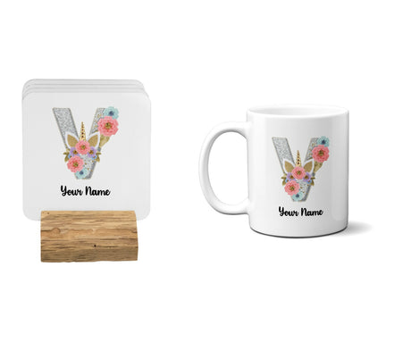 Personalised Unicorn Sparkly Kids Girls Monogram Alphabet Initial Letter Mug