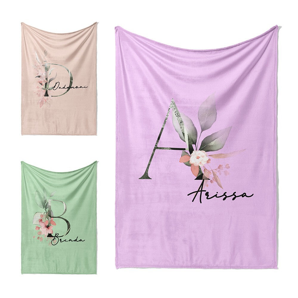 Personalised Name Botanical Blush Initial Letter Soft Warm Fleece Blanket Decor