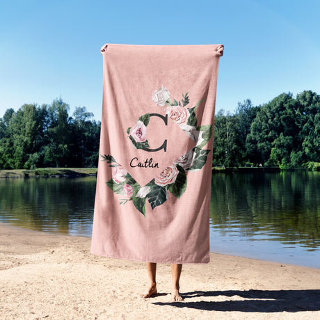 Personalised Name Botanical Floral Initial Soft Absorbent Beach Bath Sheet Towel