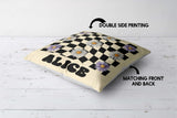 Personalised Custom Name Colour Retro Daisy Check Square Fill Zip Cushion Throw