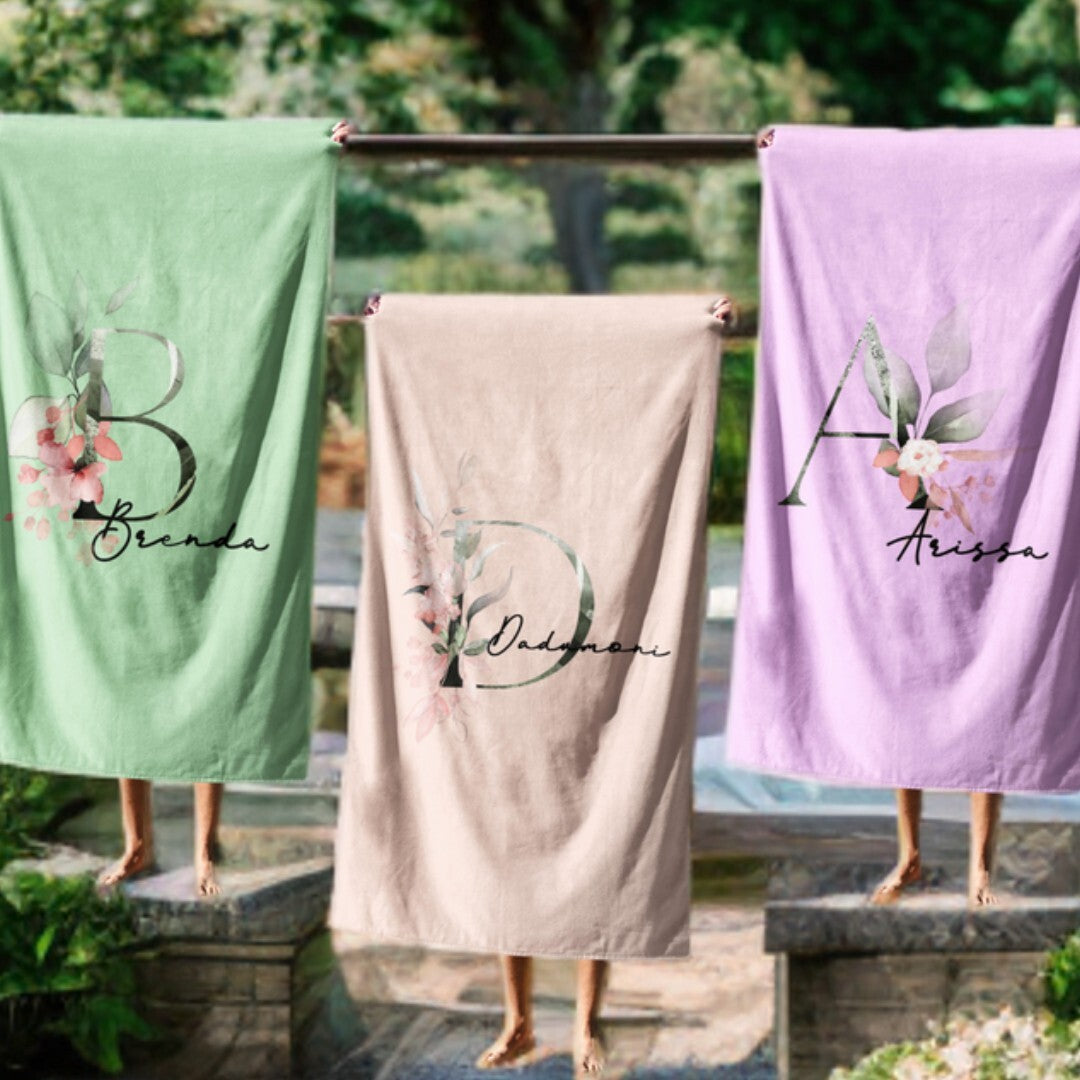 Personalised Name Botanical Blush Initial Soft Absorbent Beach Bath Sheet Towel