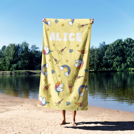 Personalised Custom Name Unicorn Ice Cream Soft Absorbent Beach Bath Sheet Towel
