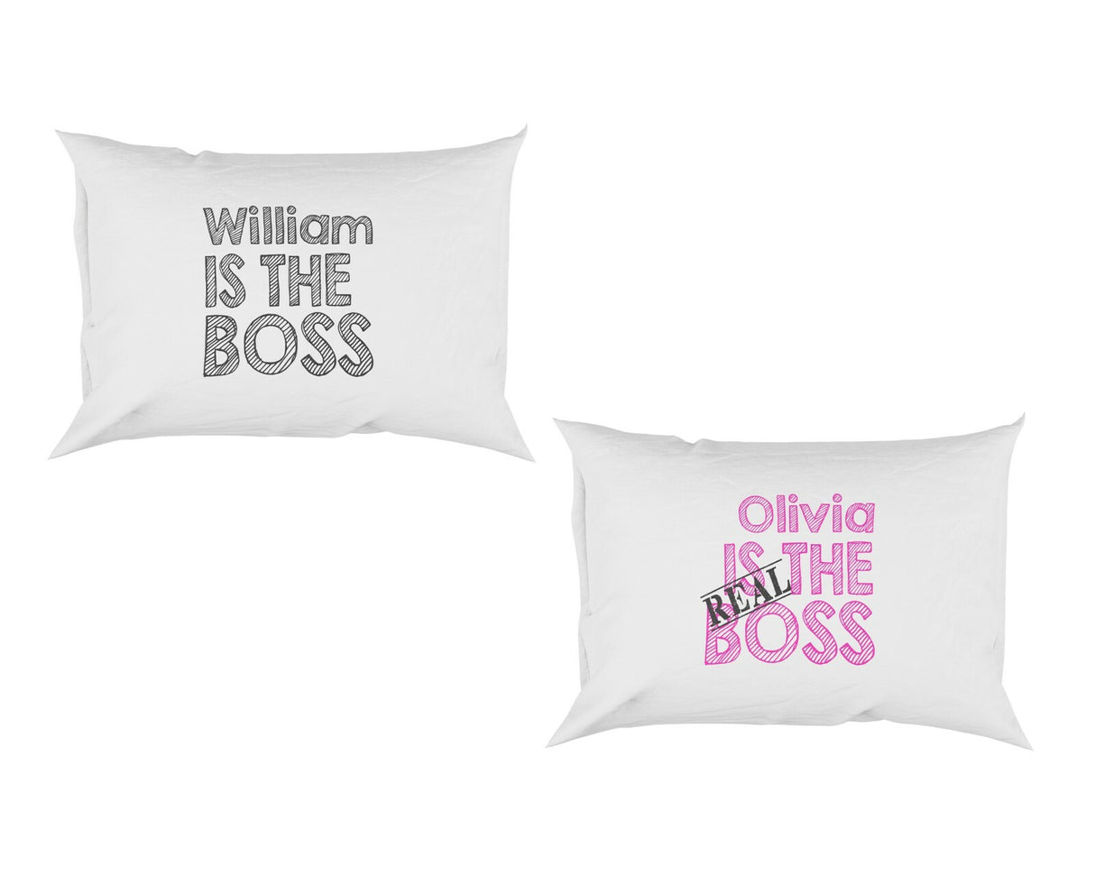 Set of 2 His & Hers The Real Boss Novelty Funny Personalised Pillow Case Cover