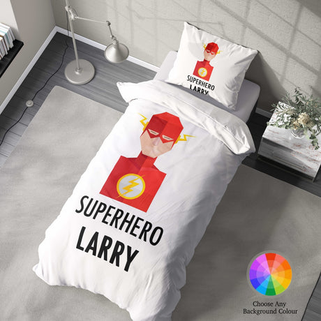 Superhero Personalised Name Custom Colour Single Bed Duvet Cover Pillowcase Set