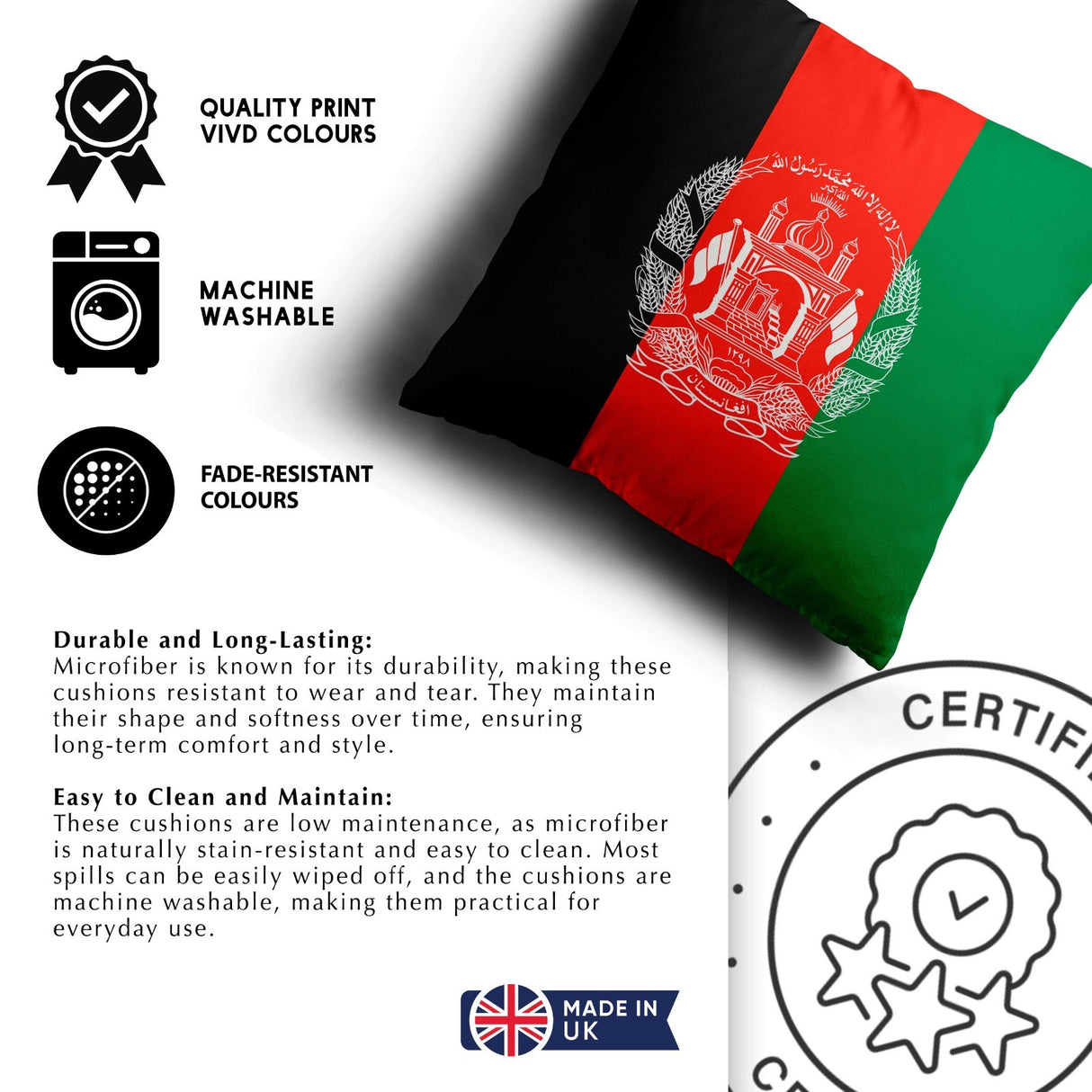 Afghanistan Flag Design Filled Square Cushion - Decorative Throw Gift Any Size