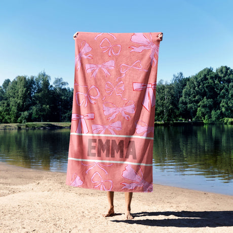 Personalised Name Pink Bows Design Printed Absorbent Beach Bath Sheet Towel