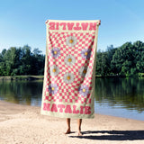 Personalised Custom Name Retro Daisy Check Soft Absorbent Beach Bath Sheet Towel