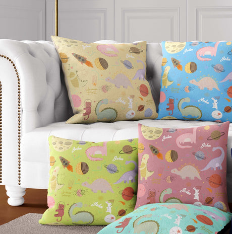Personalised Custom Name Cartoon Baby Dinosaurs Square Fill Zipped Cushion Throw