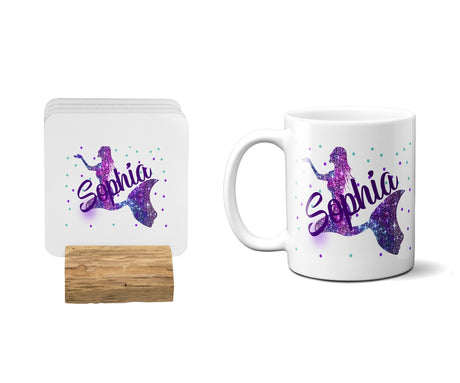 Personalised Name Mermaid Galaxy Coffee Tea Mug Gift 11oz Mug + Coaster