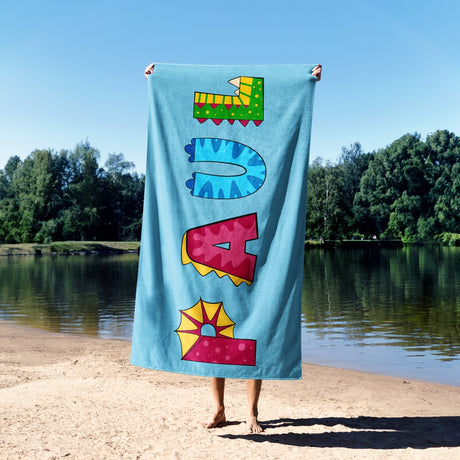 Personalised Any Name Dinosaur Alphabet Colour Absorbent Beach Bath Sheet Towel
