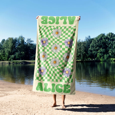 Personalised Custom Name Retro Daisy Check Soft Absorbent Beach Bath Sheet Towel