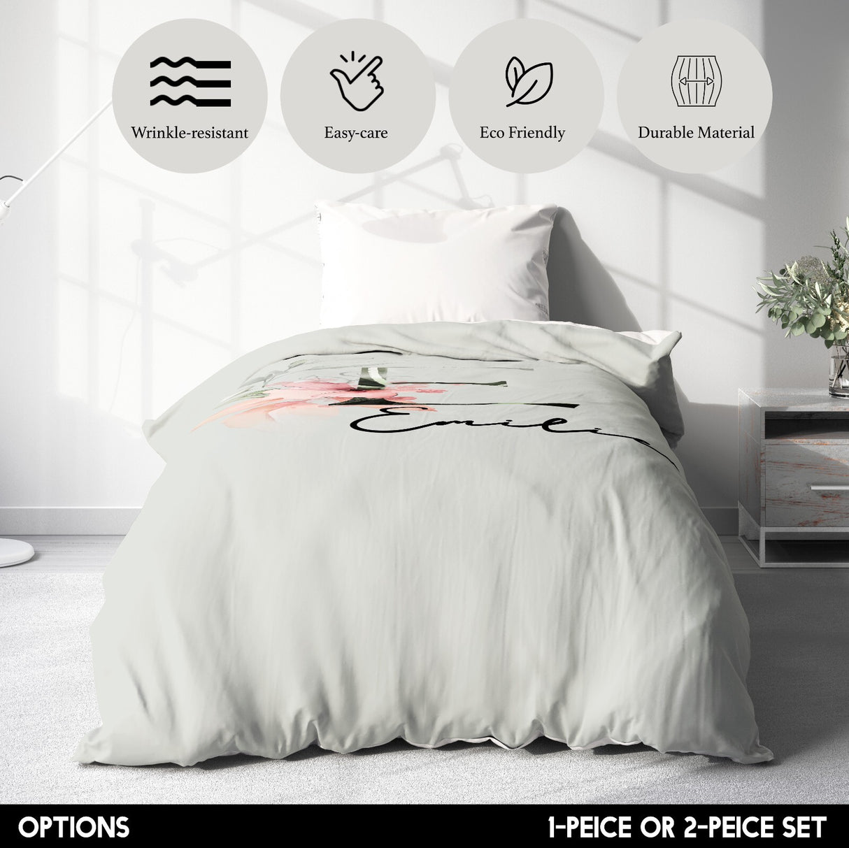 Personalised Name Botanical Blush Initial Single Bed Duvet Cover Pillowcase Set