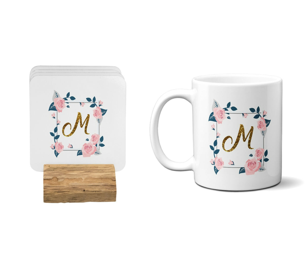 Personalised Name Floral Rose Pink Border Coffee Tea Mug Gift 11oz Mug + Coaster