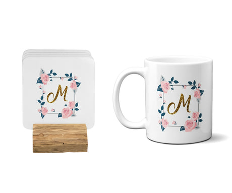 Personalised Name Floral Rose Pink Border Coffee Tea Mug Gift 11oz Mug + Coaster