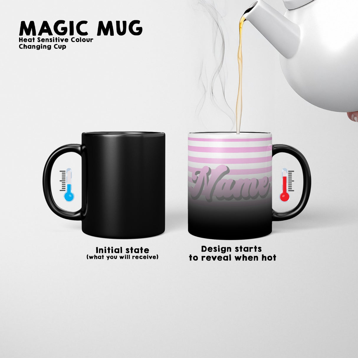 Personalised Custom Name  Stripe Retro Font Heat Sensitive Colour Changing Mug