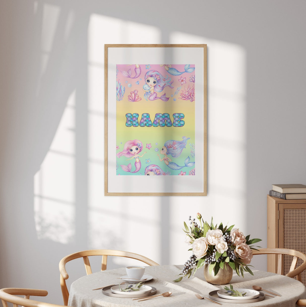 Personalised Name Mermaids + Jellyfish Wall Art Colour Poster Print & Decor