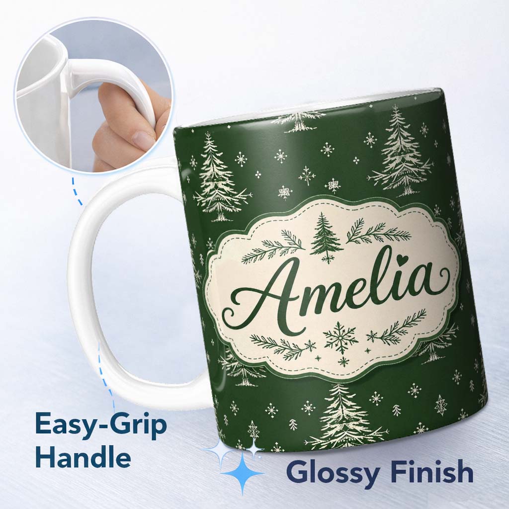 Personalized Custom Name Vintage White Christmas Trees and Snowflakes Green Seamless Pattern 11oz Ceramic Coffee Tea Mug White Large Handle