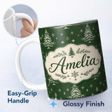 Personalized Custom Name Vintage White Christmas Trees and Snowflakes Green Seamless Pattern 11oz Ceramic Coffee Tea Mug White Large Handle