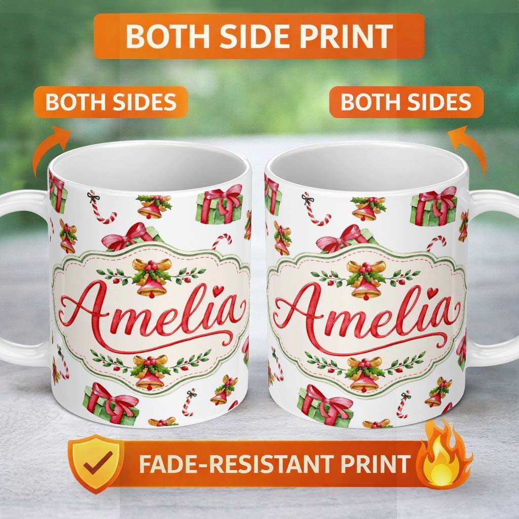 Personalized Custom Name Watercolor Christmas Gift Box Candy Cane Bell Seamless Pattern 11oz Ceramic Coffee Tea Mug White Large Handle