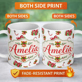 Personalized Custom Name Watercolor Christmas Gift Box Candy Cane Bell Seamless Pattern 11oz Ceramic Coffee Tea Mug White Large Handle