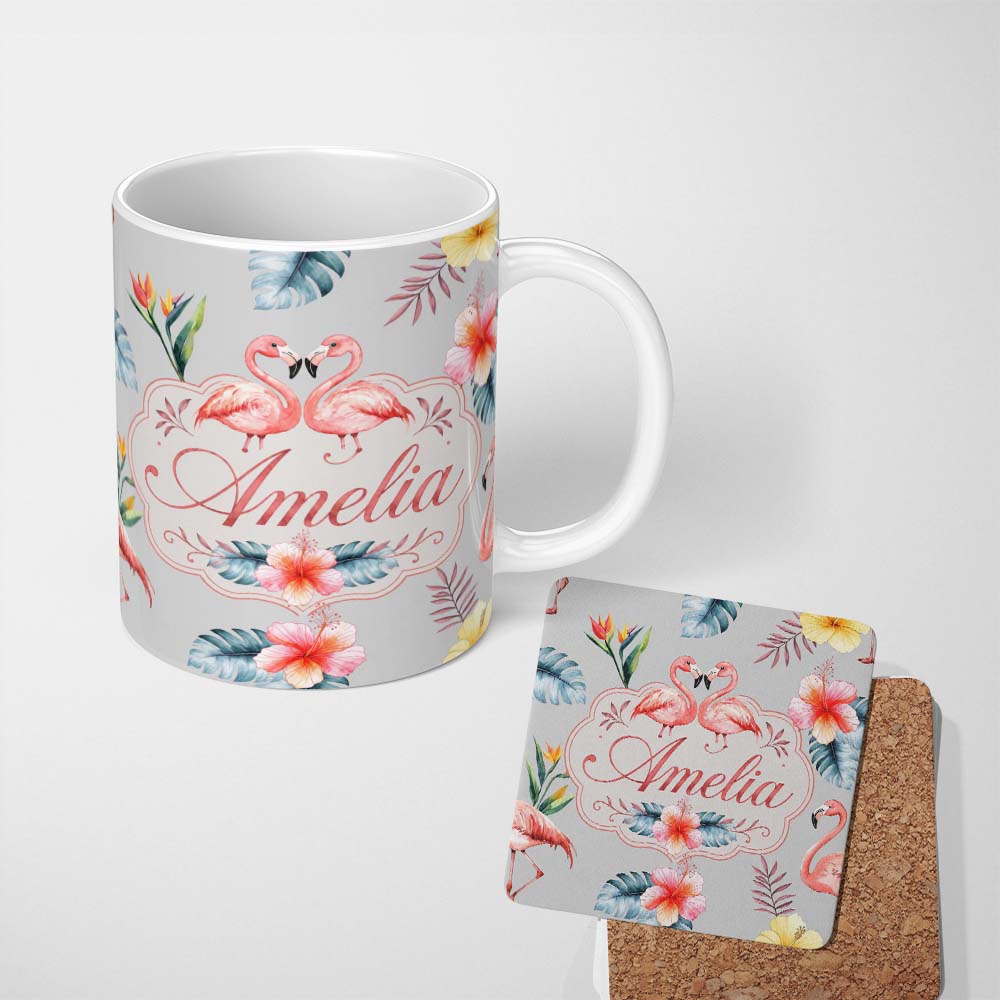 Personalized Custom Name Elegant Pink Flamingos Tropical Flowers on Grey Background Seamless 11oz Ceramic Coffee Tea Mug White Large Handle