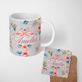 Personalized Custom Name Elegant Pink Flamingos Tropical Flowers on Grey Background Seamless 11oz Ceramic Coffee Tea Mug White Large Handle