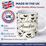 Personalized Custom Name Scandinavian Floral Stems Black Cream Simple Flower Pattern Lovely 11oz Ceramic Coffee Tea Mug White Large Handle