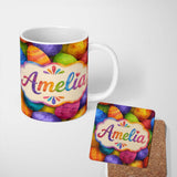 Personalized Custom Name Bright Watercolour Easter Egg Pattern in Vibrant Multicolour Tones 11oz Ceramic Coffee Tea Mug White Large Handle