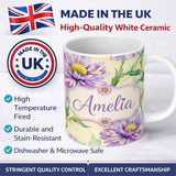 Personalized Custom Name Watercolor Purple Daisy Floral Seamless Pattern on Soft Cream Lovely 11oz Ceramic Coffee Tea Mug White Large Handle
