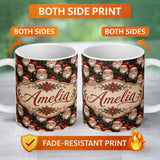 Personalized Custom Name Realistic Santa Faces Pine Cones Evergreen Forest Rich Festive 11oz Ceramic Coffee Tea Mug White Large Handle