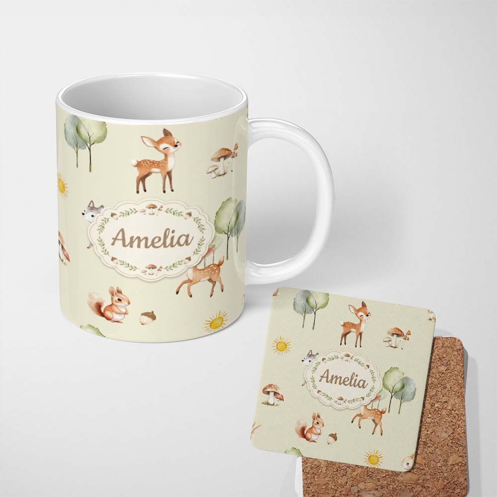 Personalized Custom Name Cute Woodland Deer Fox Mushroom Seamless Pattern on Cream Background 11oz Ceramic Coffee Tea Mug White Large Handle