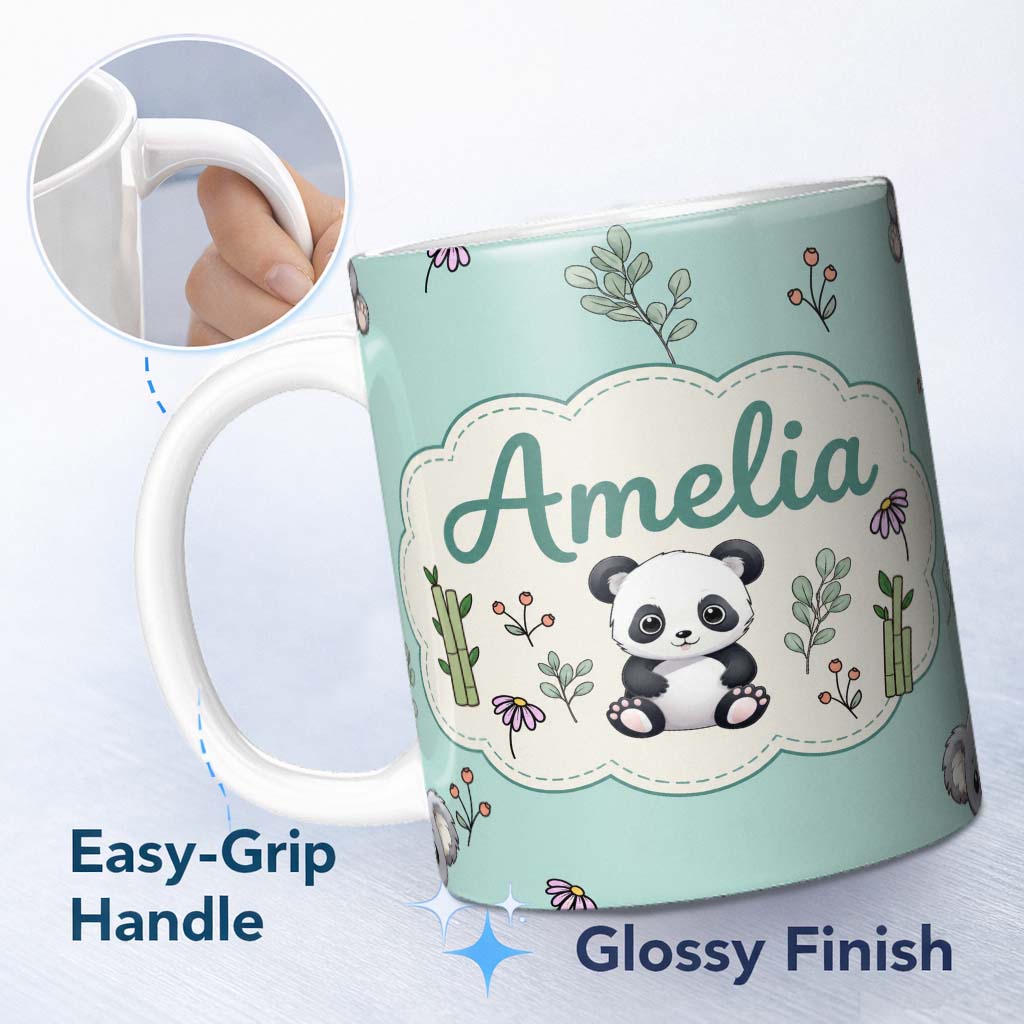 Personalized Custom Name Cute Panda Bear with Bamboo Leaves Floral Seamless Pattern Teal 11oz Ceramic Coffee Tea Mug White Large Handle