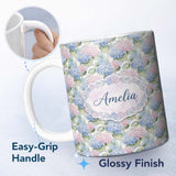 Personalized Custom Name Pastel Blue and Pink Hydrangea Floral Seamless Pattern Lovely 11oz Ceramic Coffee Tea Mug White Large Handle