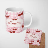 Personalized Custom Name Cherry Bow Ribbon Cute Pink Gingham Soft Check Seamless Pattern 11oz Ceramic Coffee Tea Mug White Large Handle