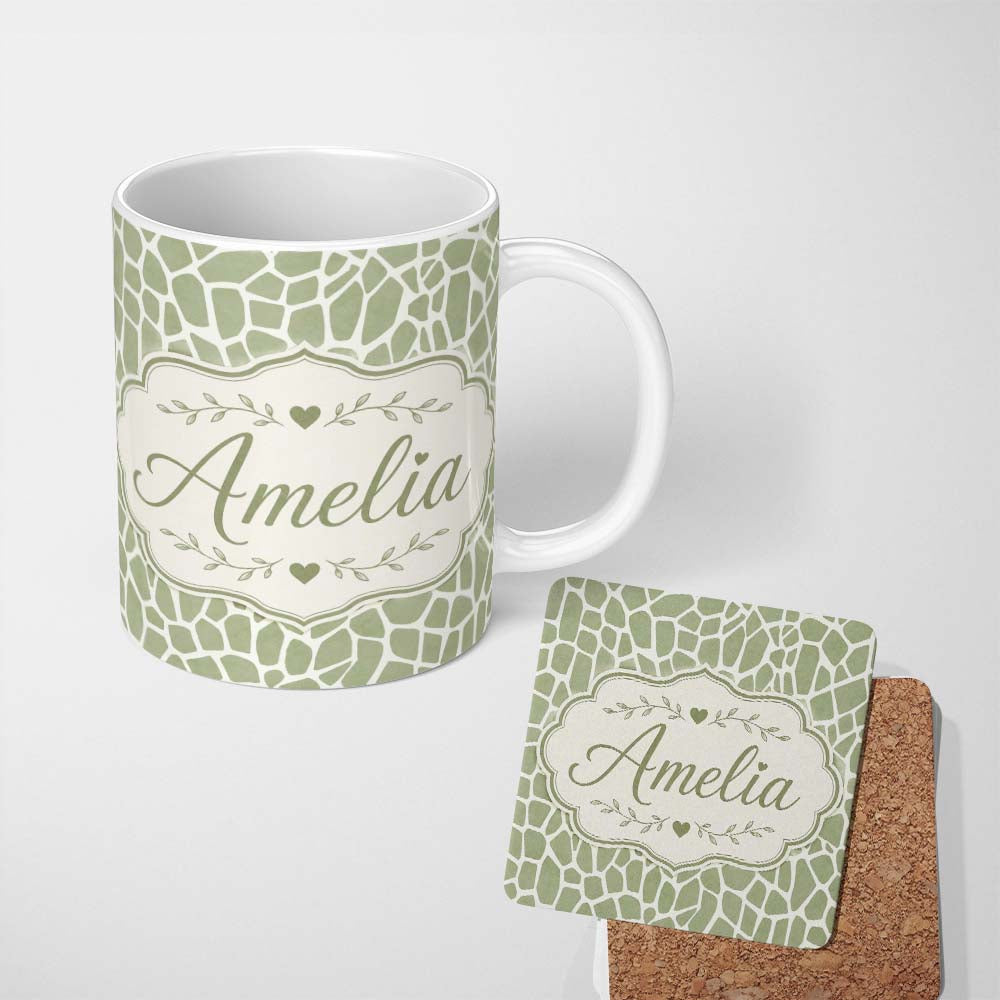 Personalized Custom Name Abstract Organic Giraffe Print Pattern in Soft Sage Green and Cream 11oz Ceramic Coffee Tea Mug White Large Handle