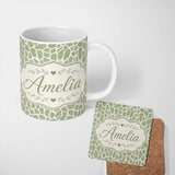 Personalized Custom Name Abstract Organic Giraffe Print Pattern in Soft Sage Green and Cream 11oz Ceramic Coffee Tea Mug White Large Handle