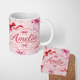 Personalized Custom Name Watercolor Red and Pink Ribbon Bows Soft Beige Background Cute Girly 11oz Ceramic Coffee Tea Mug White Large Handle