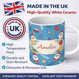 Personalized Custom Name Red Festive Christmas Tree Reindeer Snowman Seamless Pattern Lovely 11oz Ceramic Coffee Tea Mug White Large Handle