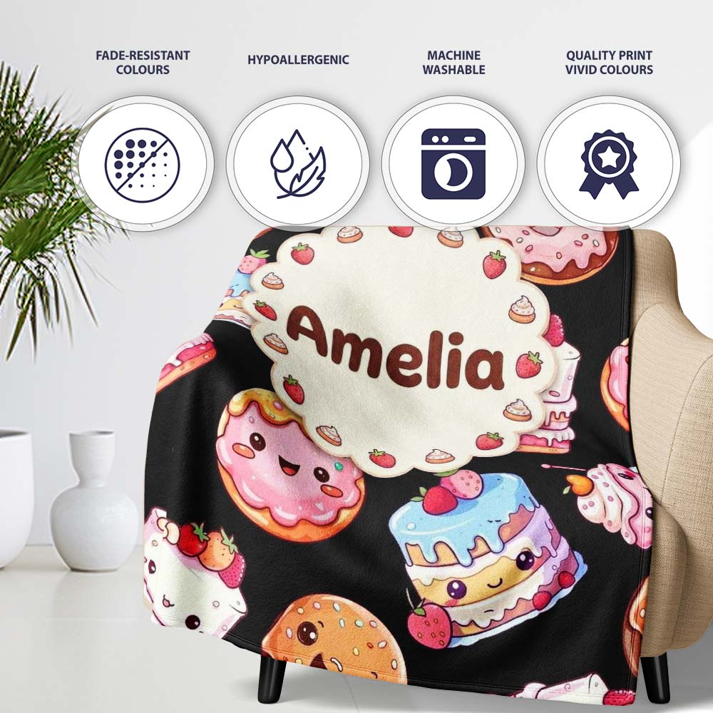 Cute Kawaii Donuts Cakes and Cupcakes with Smiling Faces Seamless  Personalised Custom Name Super Soft Fleece Blanket Bed Sofa Throw