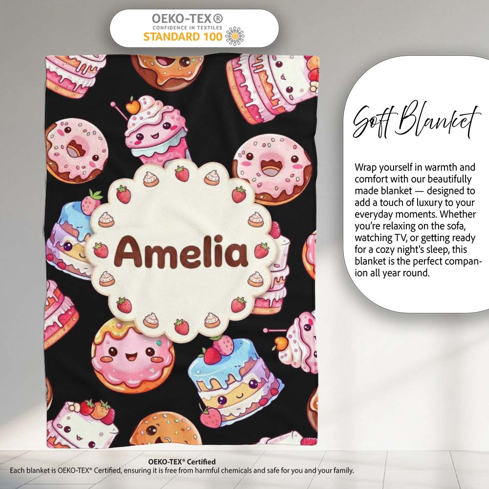 Cute Kawaii Donuts Cakes and Cupcakes with Smiling Faces Seamless  Personalised Custom Name Super Soft Fleece Blanket Bed Sofa Throw