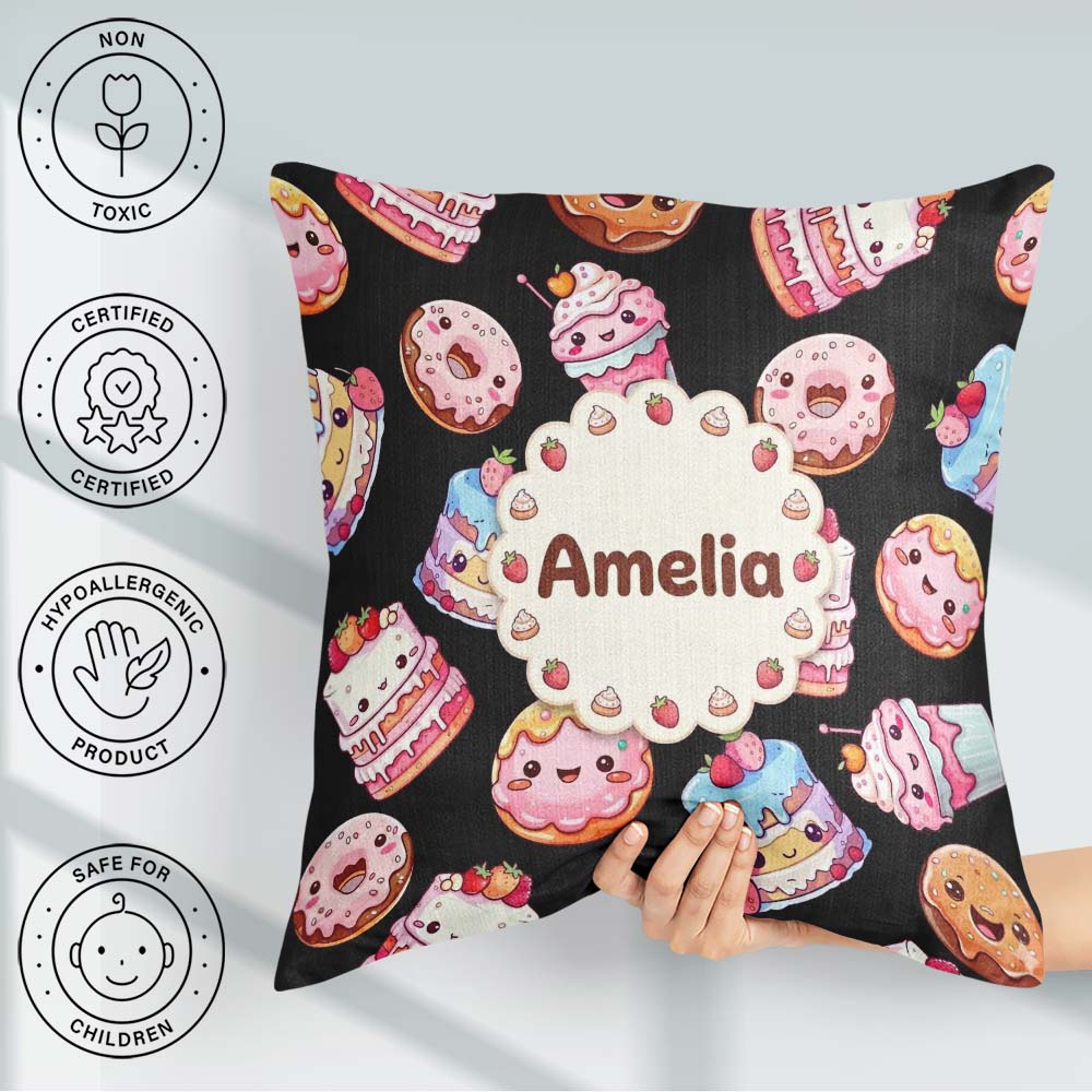 Custom Name Kawaii Donuts Cakes and Cupcakes with Faces Seamless Square Filled Cushion Throw Pillow Sofa Bed Home Decor Zip Washable UK Made