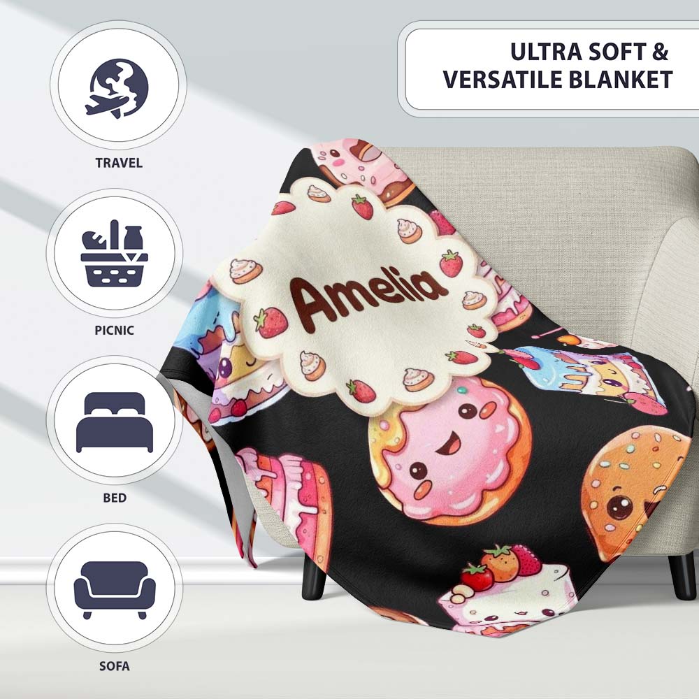 Cute Kawaii Donuts Cakes and Cupcakes with Smiling Faces Seamless  Personalised Custom Name Super Soft Fleece Blanket Bed Sofa Throw
