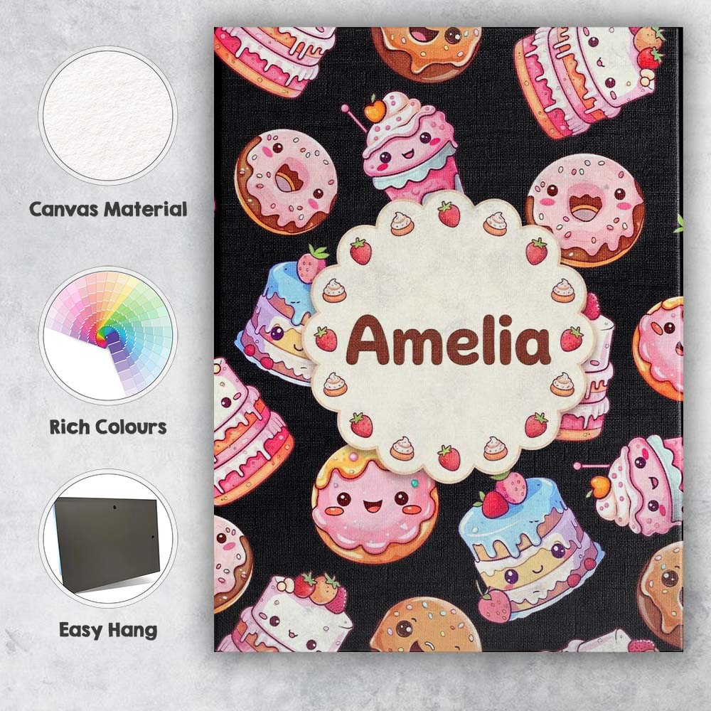 Personalised Name Cute Kawaii Donuts Cakes Custom  Unique Gift Idea Elegant Feature Canvas Wall Art Print Decor Picture Ready to Hang