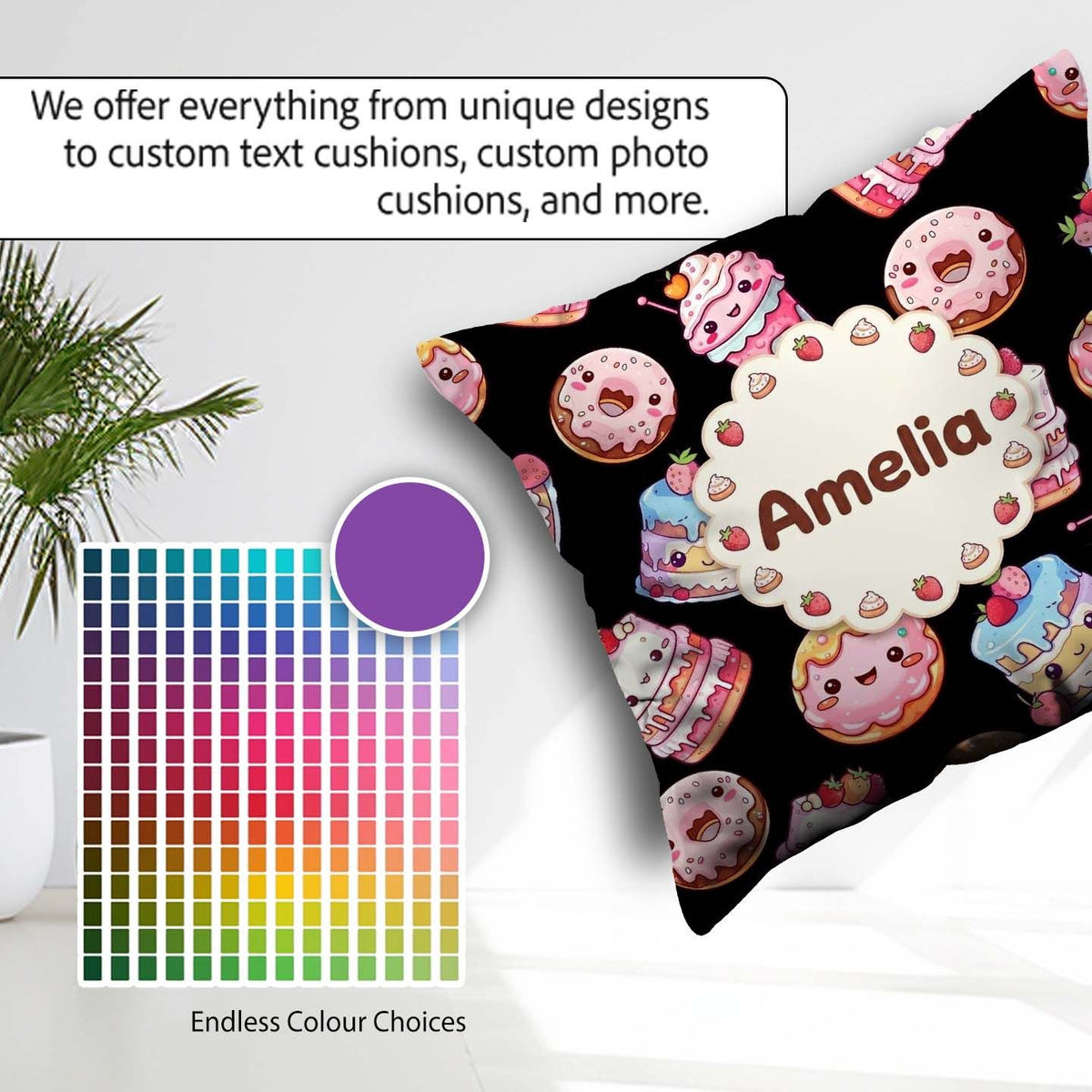 Custom Name Kawaii Donuts Cakes and Cupcakes with Faces Seamless Square Filled Cushion Throw Pillow Sofa Bed Home Decor Zip Washable UK Made