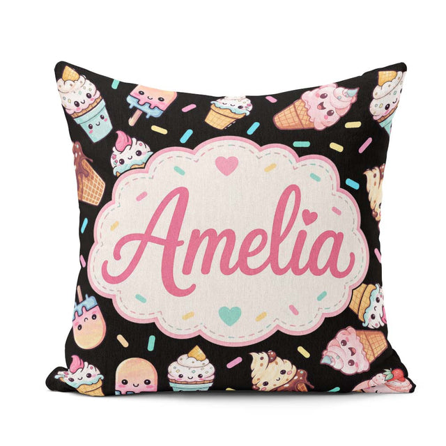 Custom Name Ice Cream Cones Popsicles and Sweet Seamless Pattern Square Filled Cushion Throw Pillow Sofa Bed Home Decor Zip Washable UK Made
