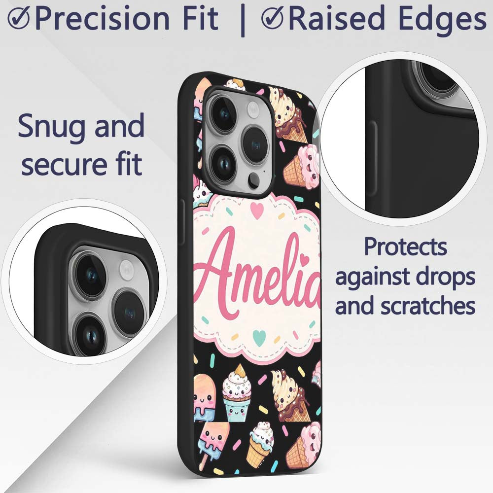 Cute Ice Cream Cones Popsicles and Sweet Treats Custom Name Protective Phone Case Mobile Cover Durable Everyday Smartphone Shock Resistant