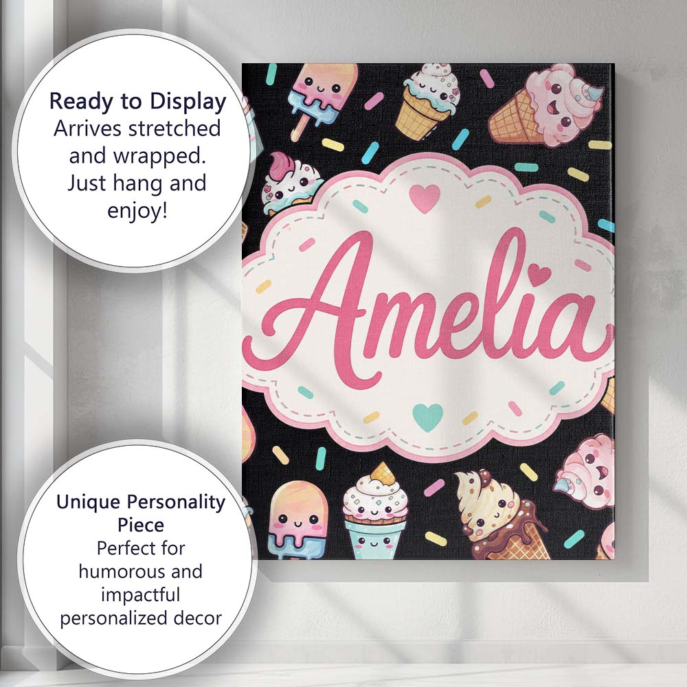 Personalised Name Cute Ice Cream Cones Custom  Modern Room Accent Elegant Feature Canvas Wall Art Print Decor Picture Ready to Hang