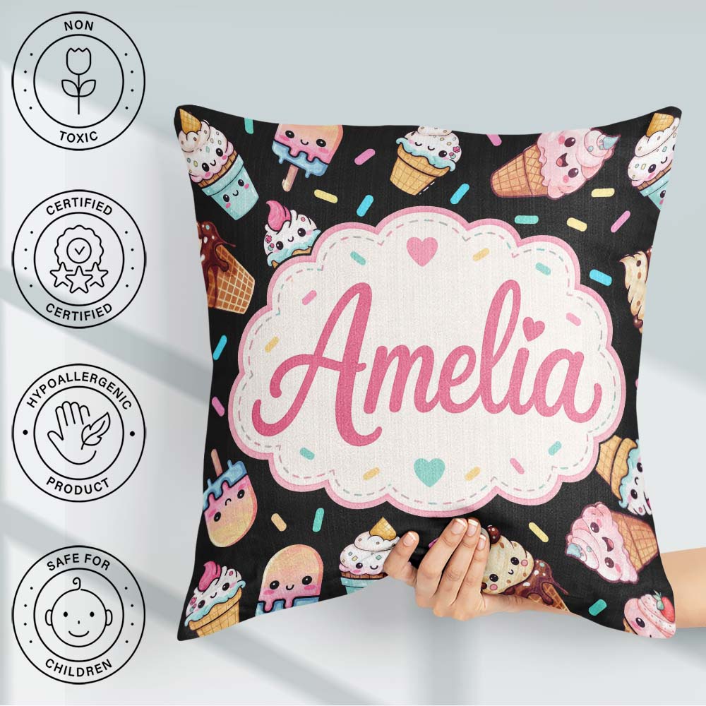Custom Name Ice Cream Cones Popsicles and Sweet Seamless Pattern Square Filled Cushion Throw Pillow Sofa Bed Home Decor Zip Washable UK Made