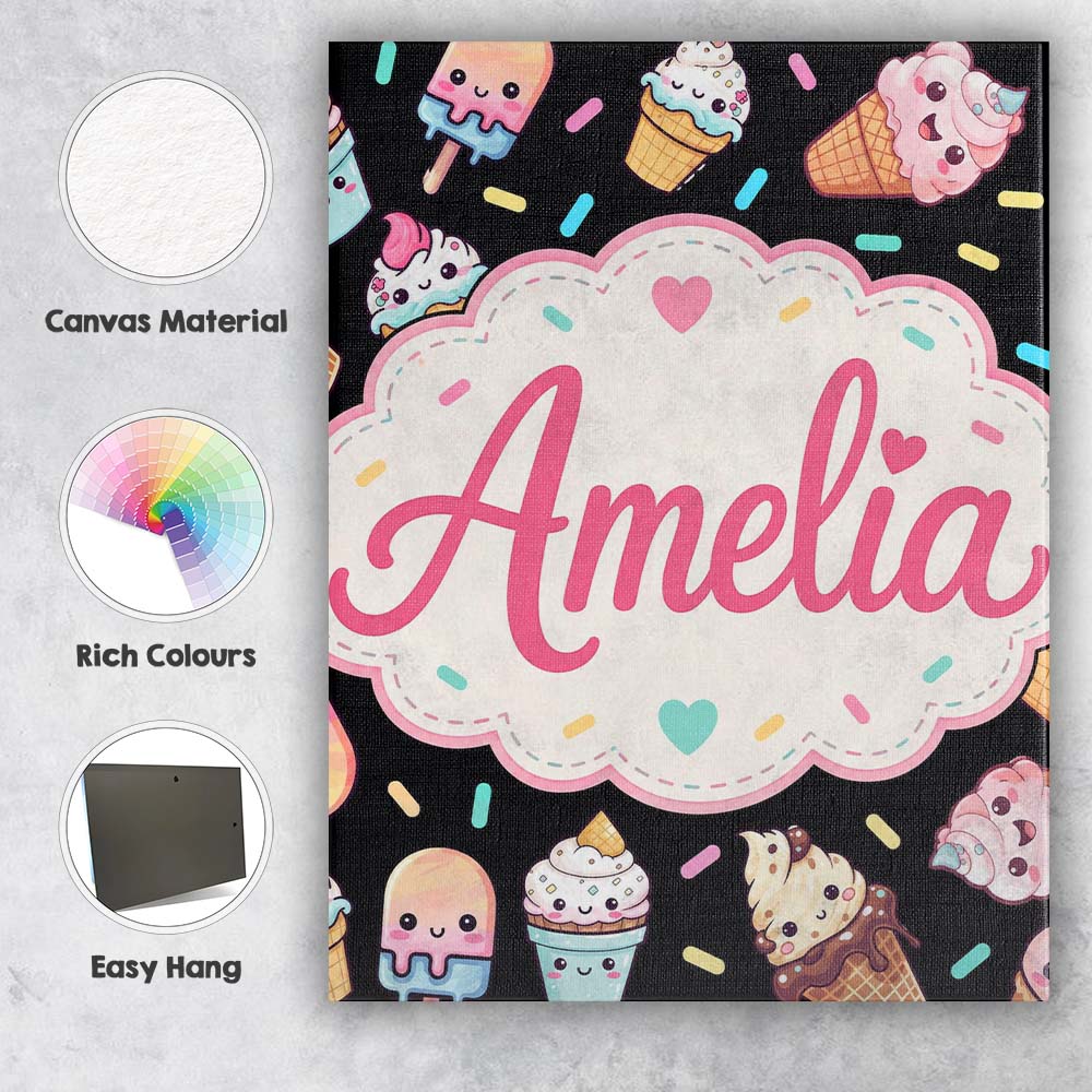 Personalised Name Cute Ice Cream Cones Custom  Modern Room Accent Elegant Feature Canvas Wall Art Print Decor Picture Ready to Hang
